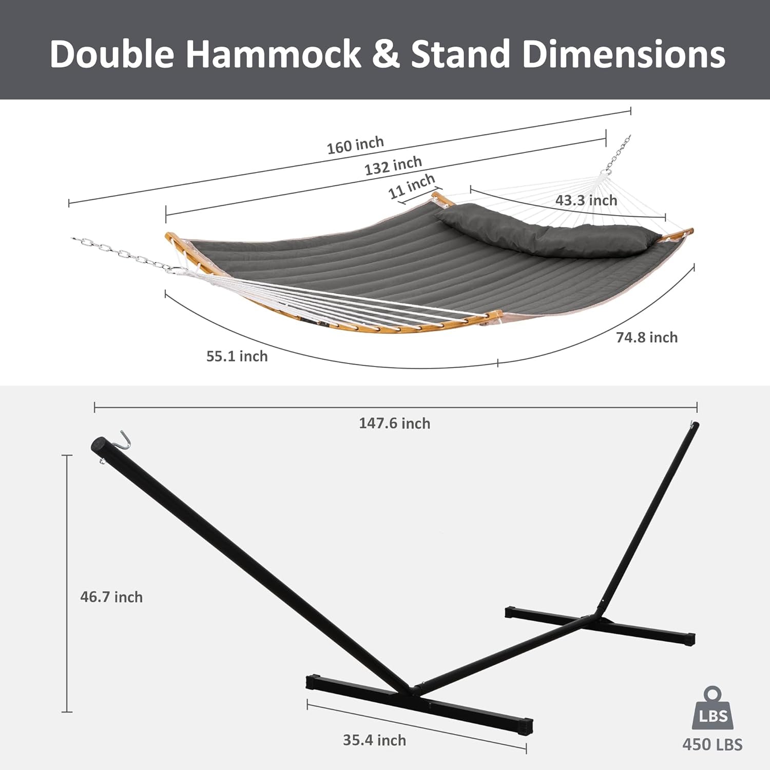 Double Portable Hammock with Stand, 2 Person Hammock with Curved Spreader Bar, Balance Ropes Included, Dark Gray