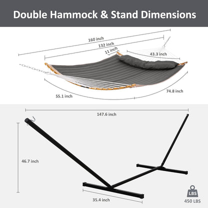 Double Portable Hammock with Stand, 2 Person Hammock with Curved Spreader Bar, Balance Ropes Included, Dark Gray