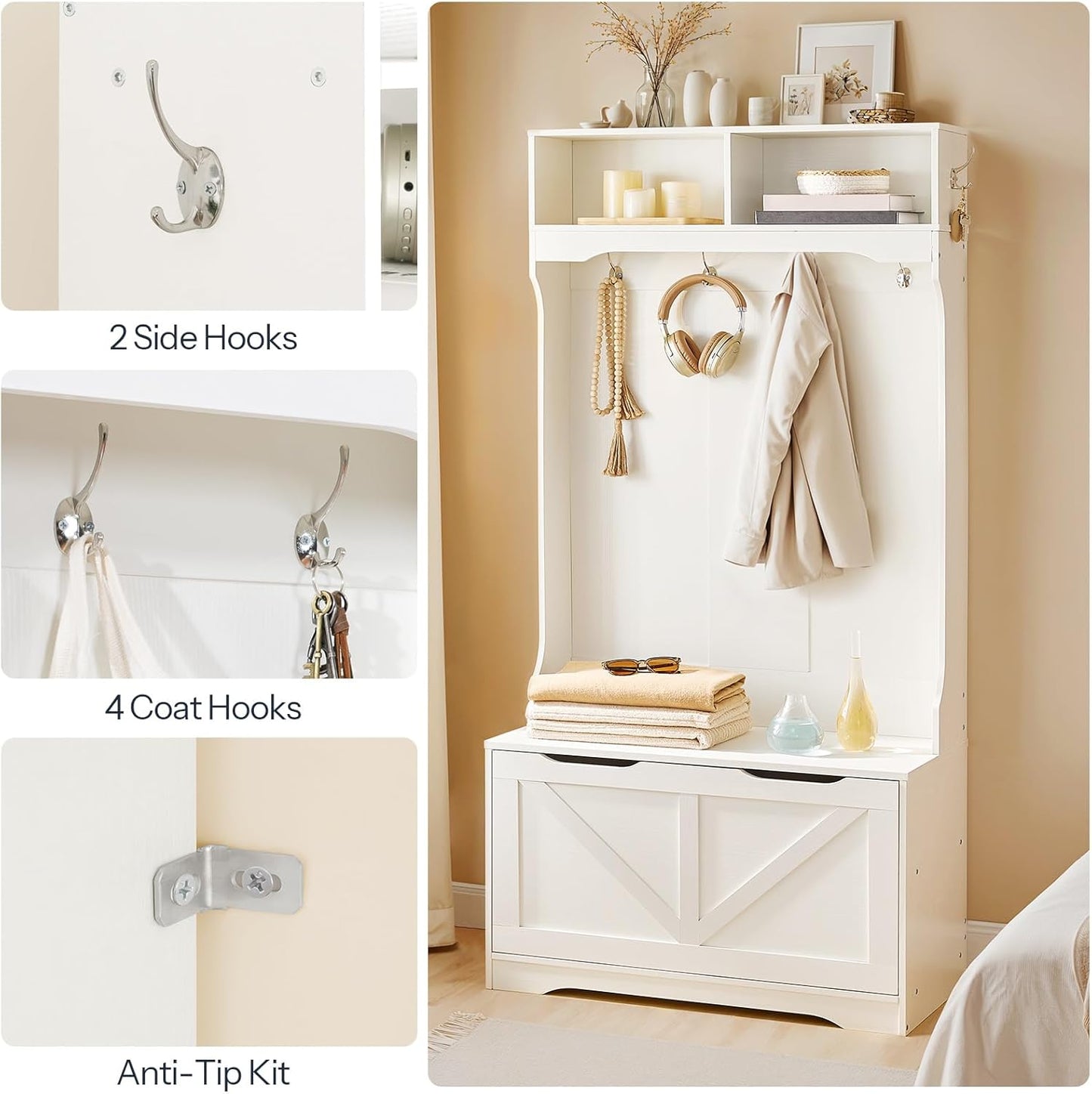 Hall Tree with Bench and Shoe Storage, Entryway Bench with Coat Rack and Shoe Cabinet, Flip-Down Cabinet Door, Coat Rack with Shoe Rack, for Mud Room, White WT84MT01