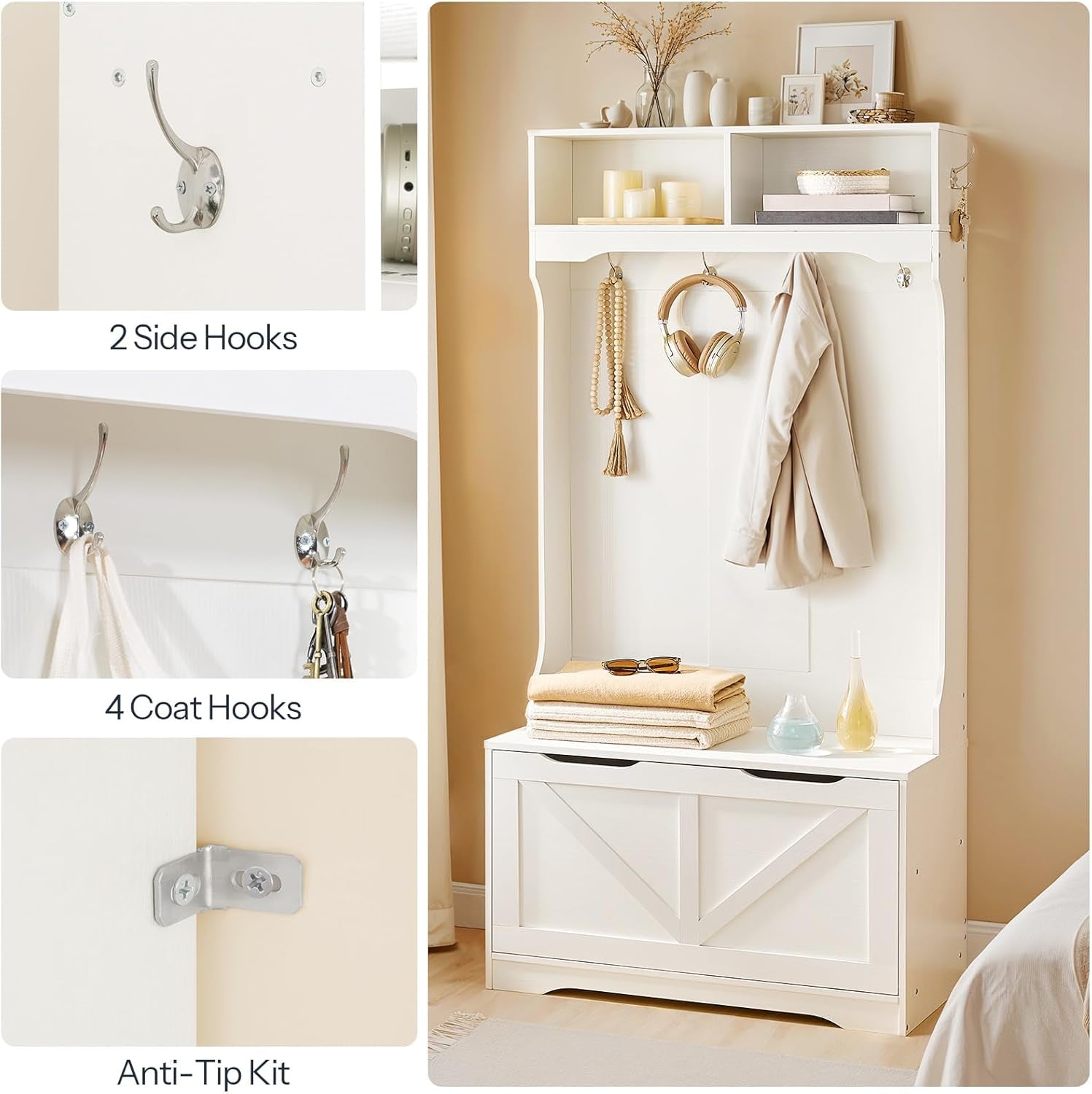 Hall Tree with Bench and Shoe Storage, Entryway Bench with Coat Rack and Shoe Cabinet, Flip-Down Cabinet Door, Coat Rack with Shoe Rack, for Mud Room, White WT84MT01