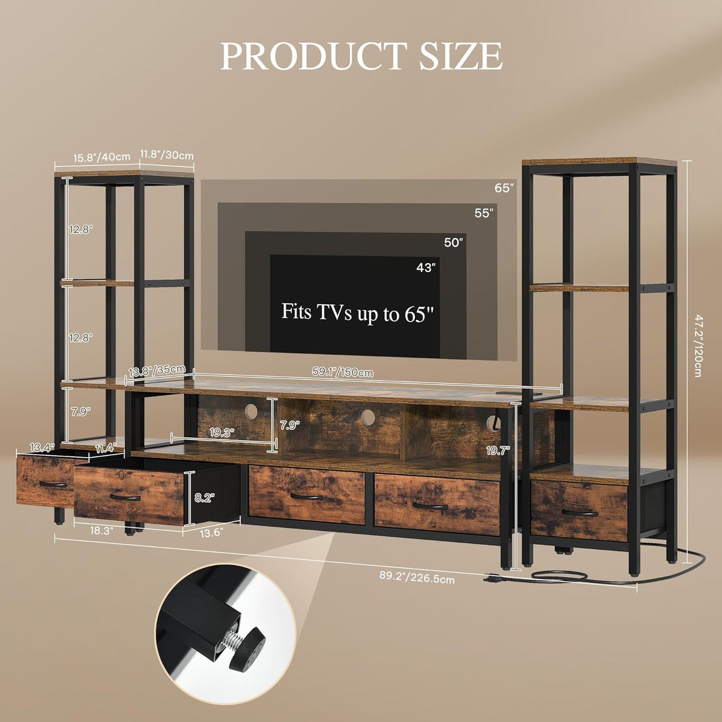 TV Stands for 65 Inch TV Entertainment Center with 2 Industrial 4-Tier Bookshelves, LED TV Stands for Living Room, Modern Farmhouse TV Console Cabinet with Power Outlets, Rustic Brown