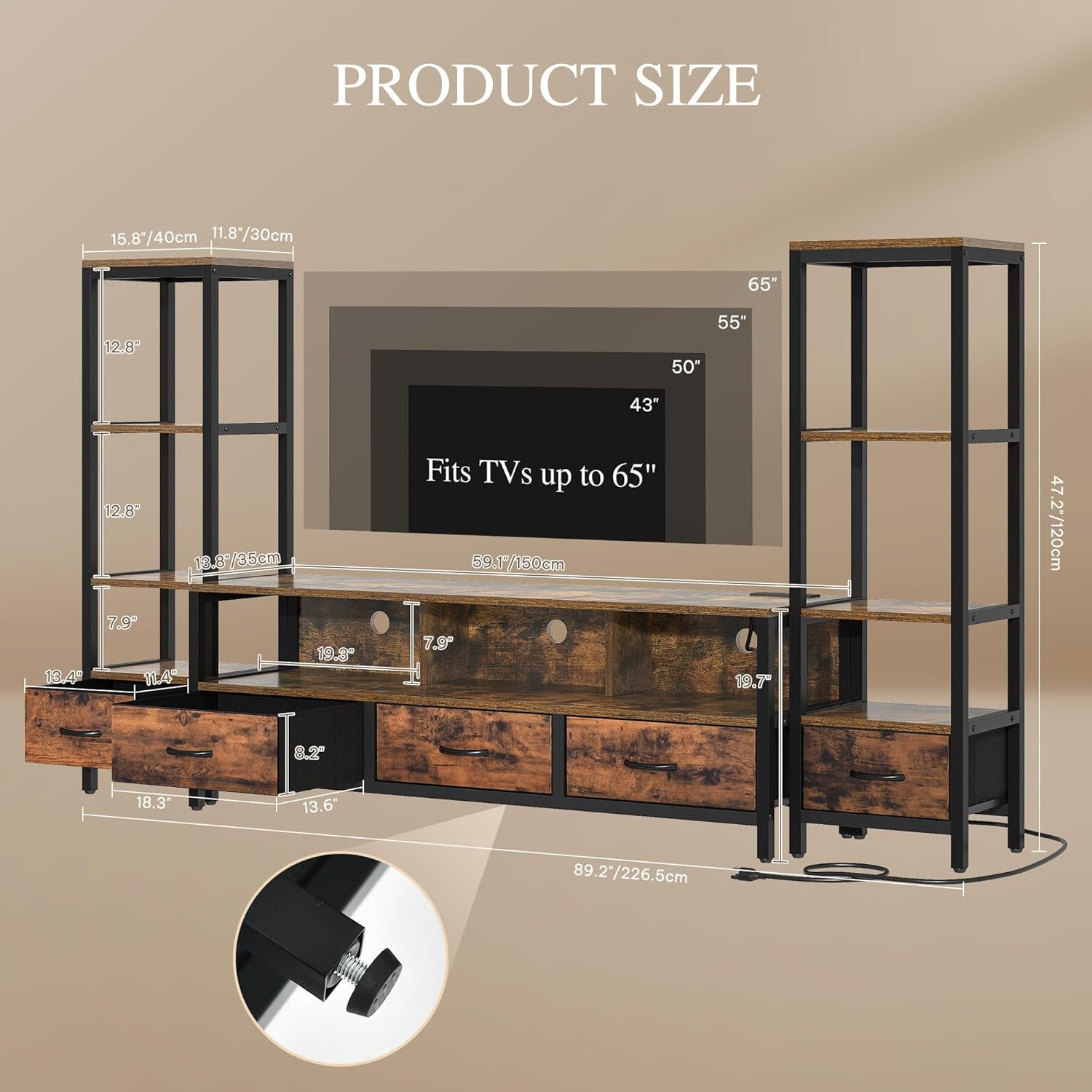 TV Stands for 65 Inch TV Entertainment Center with 2 Industrial 4-Tier Bookshelves, LED TV Stands for Living Room, Modern Farmhouse TV Console Cabinet with Power Outlets, Rustic Brown