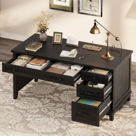 Farmhouse Executive Desk with Drawers, 53.54 in Home Office Desk with Charging Station, Wooden Computer Desk with File Cabinet Storage for Work Study Writing, Rustic Black