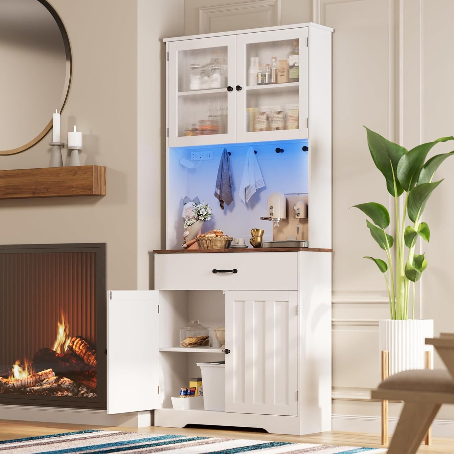 71" H Storage Cabinet with Strip Light, Kitchen Pantry Cabinet with Doors and Drawers, White Hutch with Charging Station and Adjustable Shelves, for Coffee Bar, Dining Room, Table Top-Retro