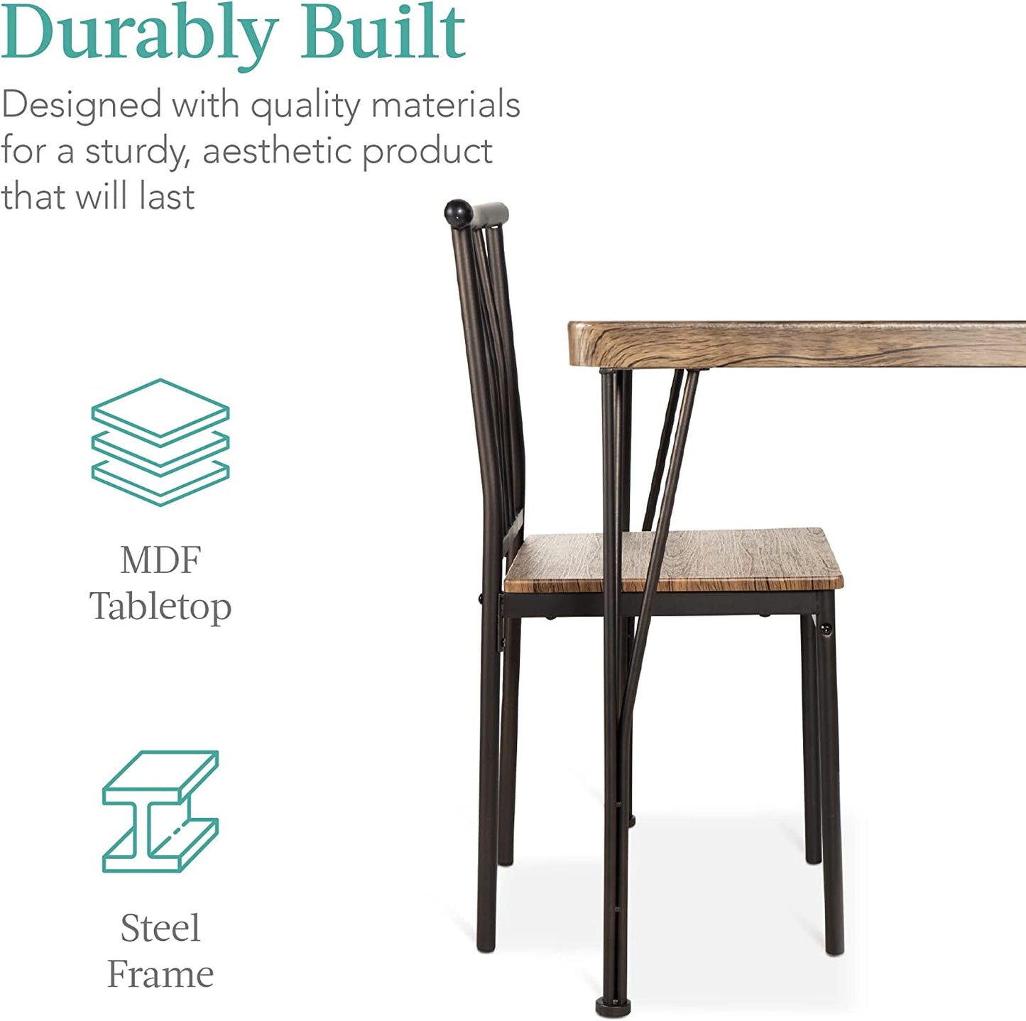 5-Piece Metal and Wood Indoor Modern Rectangular Dining Table Furniture Set for Kitchen, Dining Room, Dinette, Breakfast Nook W/ 4 Chairs - Drift Brown