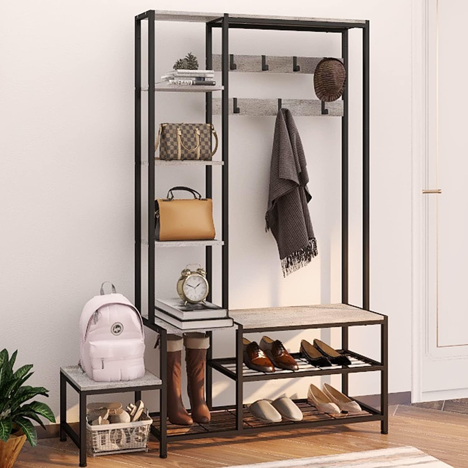 Hall Tree with Shoe Storage Bench Coat Rack with 7 Hooks Interchangeable 4 Tier Side Storage Shelves Small Cute Side Bench Industrial 5-In-1 Entryway Coat Rack for Hallway Mudroom Bedroom