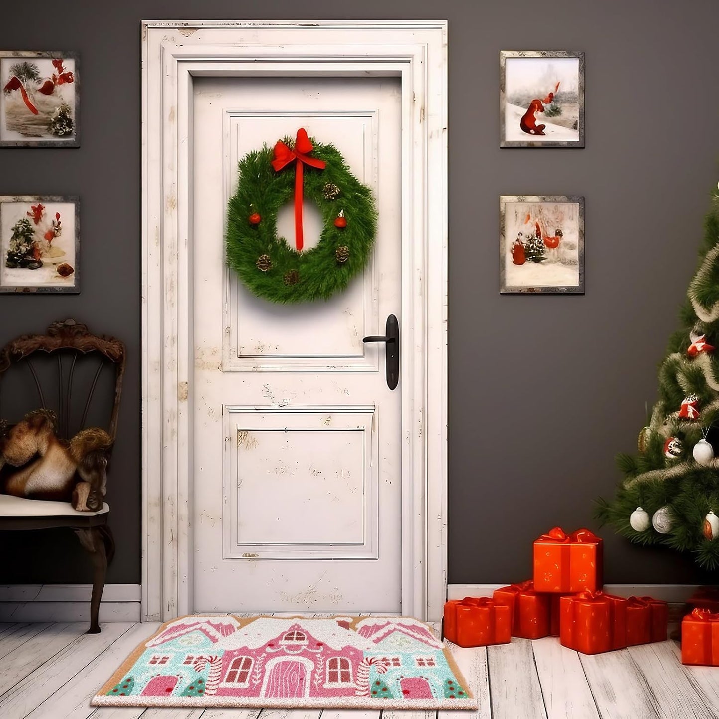Pink Christmas Gingerbread House Doormat 23.6 X 13.7 Inch Pastel Christmas Welcome Doormat Cute Gingerbread Artificial Coir Non Slip Entrance Rugs for Indoor Outdoor Bathroom Kitchen Decor