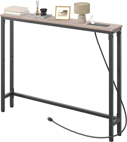 39.4 Inch Narrow Console Table with Power Outlets, 5.9 Inch Skinny Sofa Table behind Couch, Small Entryway Table, Metal Frame, for Living Room, Hallway, Greige and Black BG52UXG01