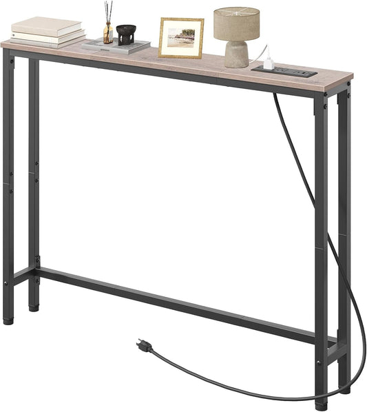 39.4 Inch Narrow Console Table with Power Outlets, 5.9 Inch Skinny Sofa Table behind Couch, Small Entryway Table, Metal Frame, for Living Room, Hallway, Greige and Black BG52UXG01