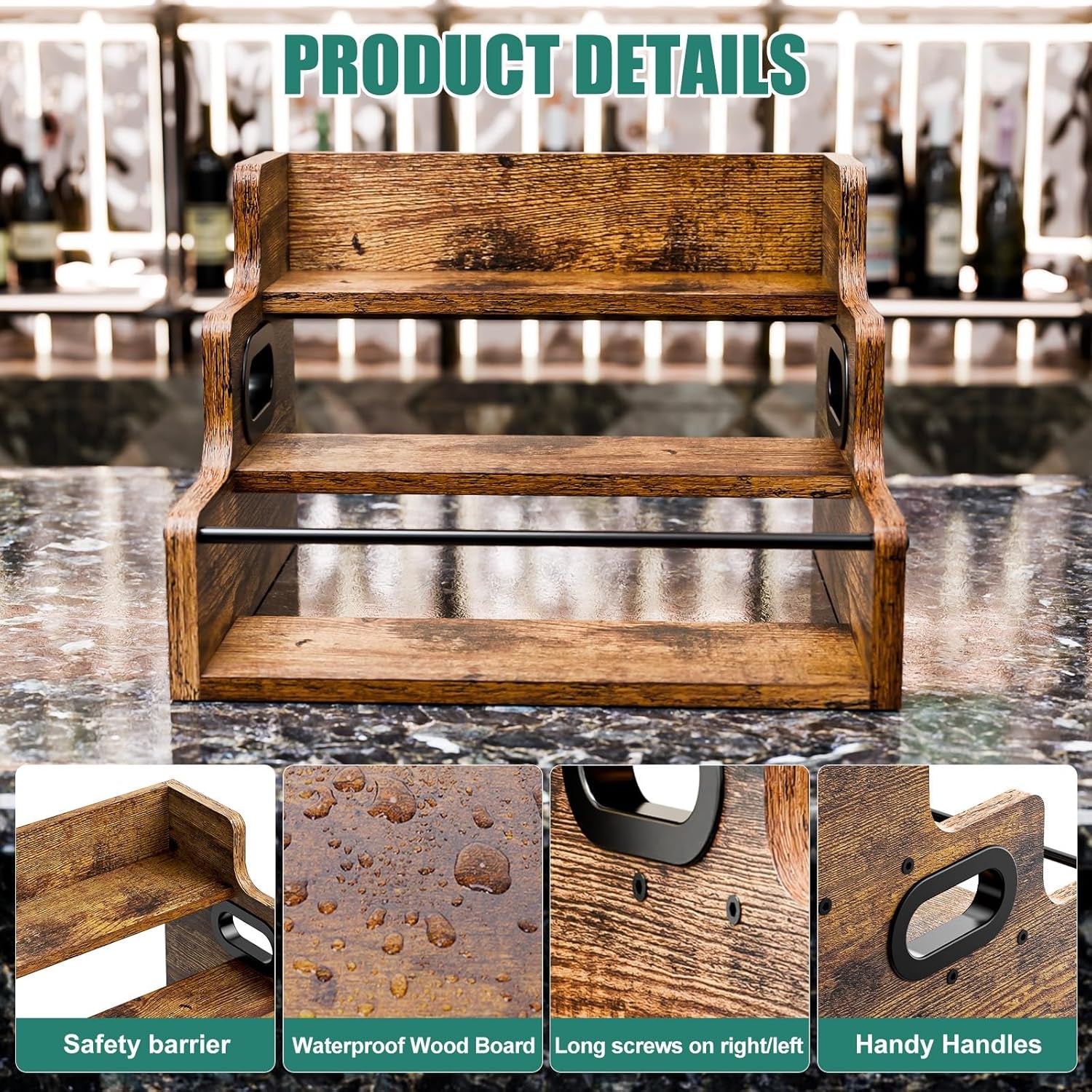 Liquor Bottle Display Shelf, Coffee Syrup Rack Organizer, 3 Step Countertop Wine Rack, Mini Bar, Retro Bar Shelf Stand for Whiskey, Spirits