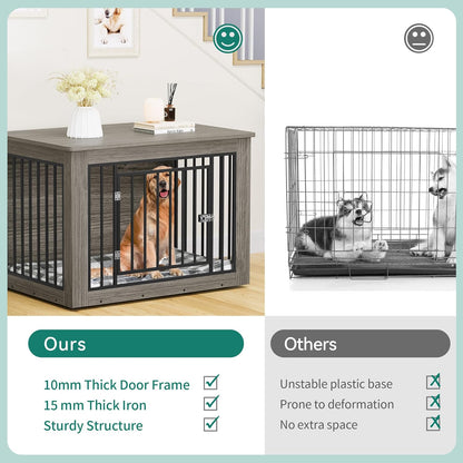 43.7" L Dog Crate Furniture for Large Dog, 2-In-1 Iron-Wood Fusion Modern Dogs Kennel Indoor up to 80 Lb, Side End Table, Adjustable Feet, Waterproof Top, Safety Corners, Rustic Brown