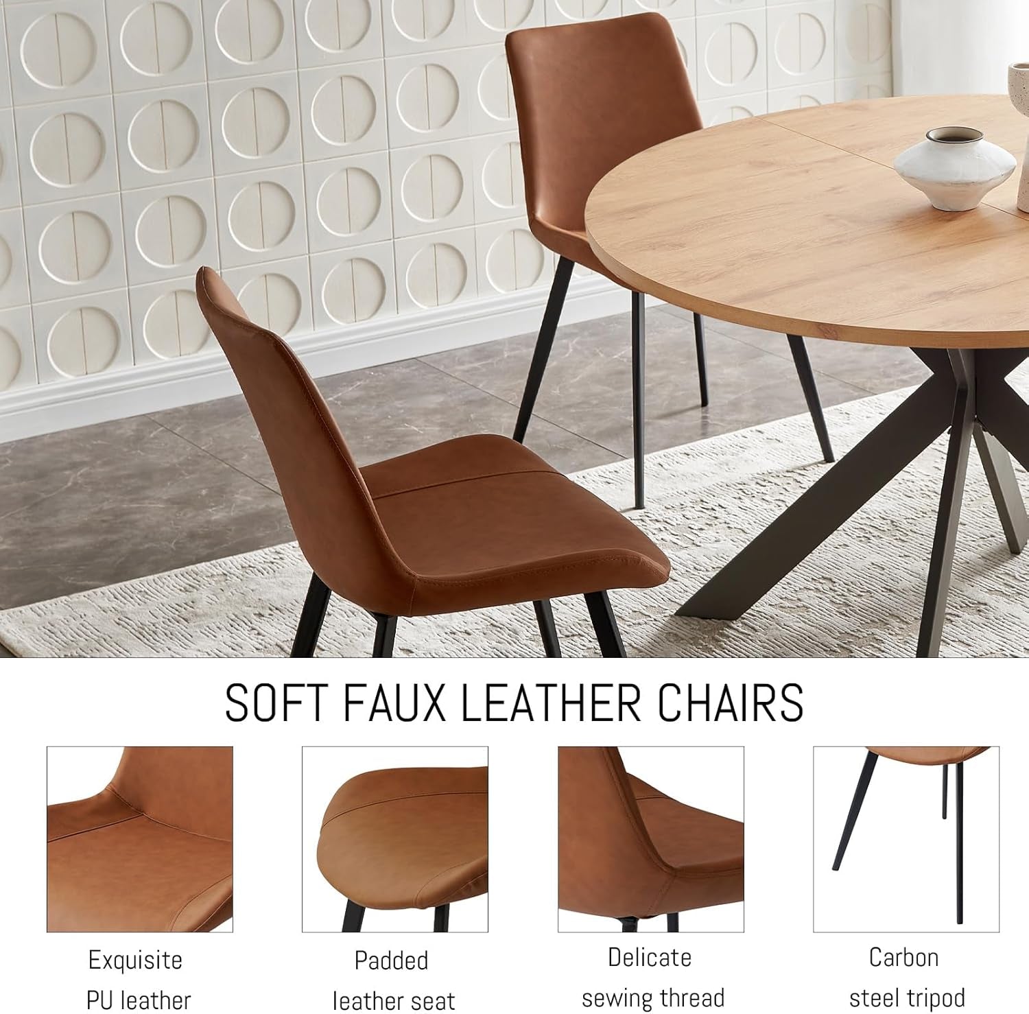 46.4" round Dining Table Set, Mid Century Modern round Dining Table for 4-6 Person, W/Steel Legs, Coffee Table for Kitchen Dining Room, Office, save Space (1 Table with 4 Brown Chairs)