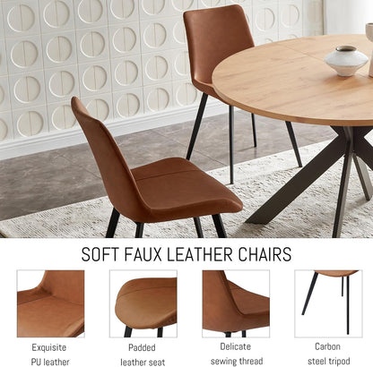 46.4" round Dining Table Set, Mid Century Modern round Dining Table for 4-6 Person, W/Steel Legs, Coffee Table for Kitchen Dining Room, Office, save Space (1 Table with 4 Brown Chairs)