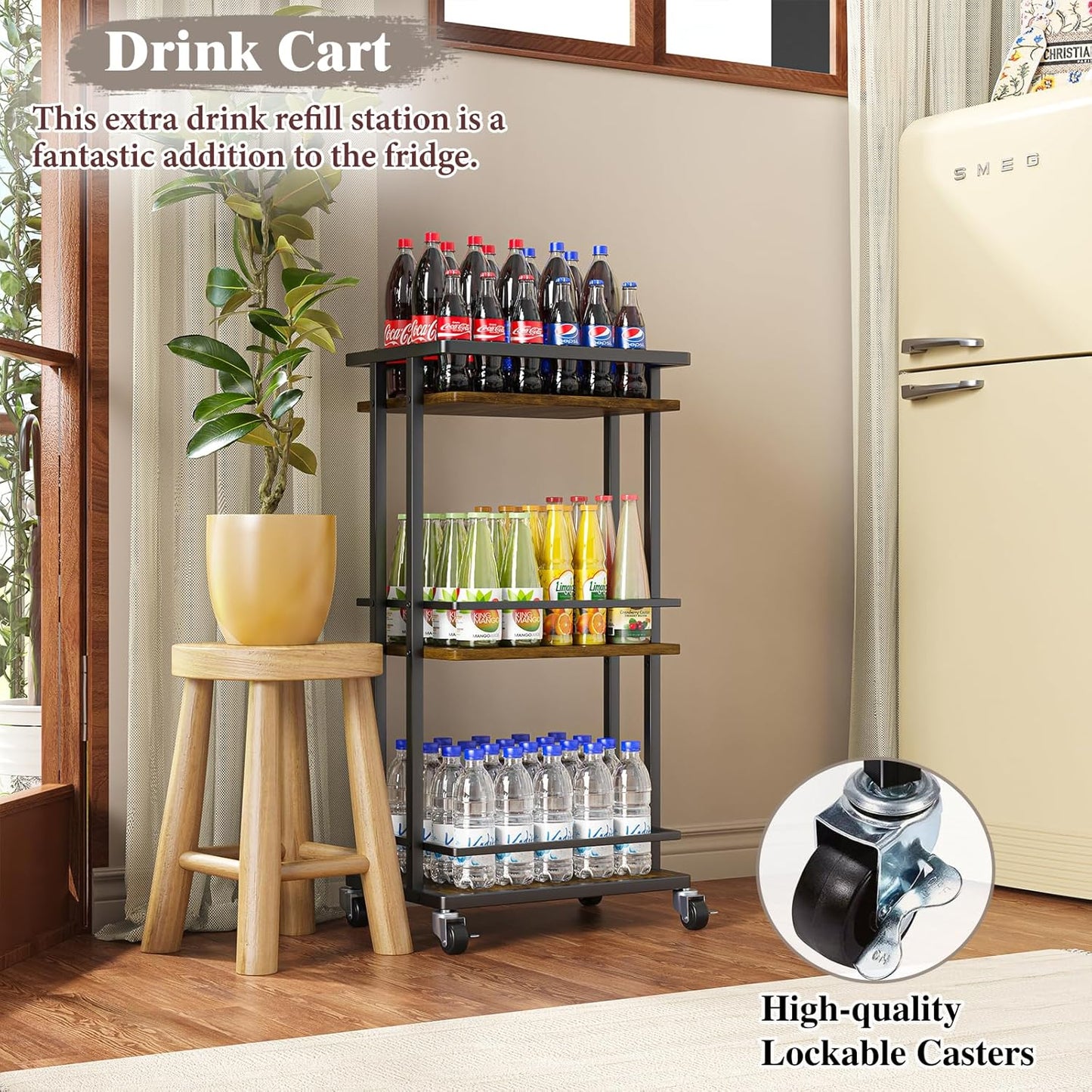 3 Tier Bar Cart for Home, Rolling Mini Liquor Bar for Wine Beverage Dinner Party, Utility Kitchen Storage Island Serving Cart on Wheels, Coffee Bar Cabinet for Kitchen Dining Living Room, Brown