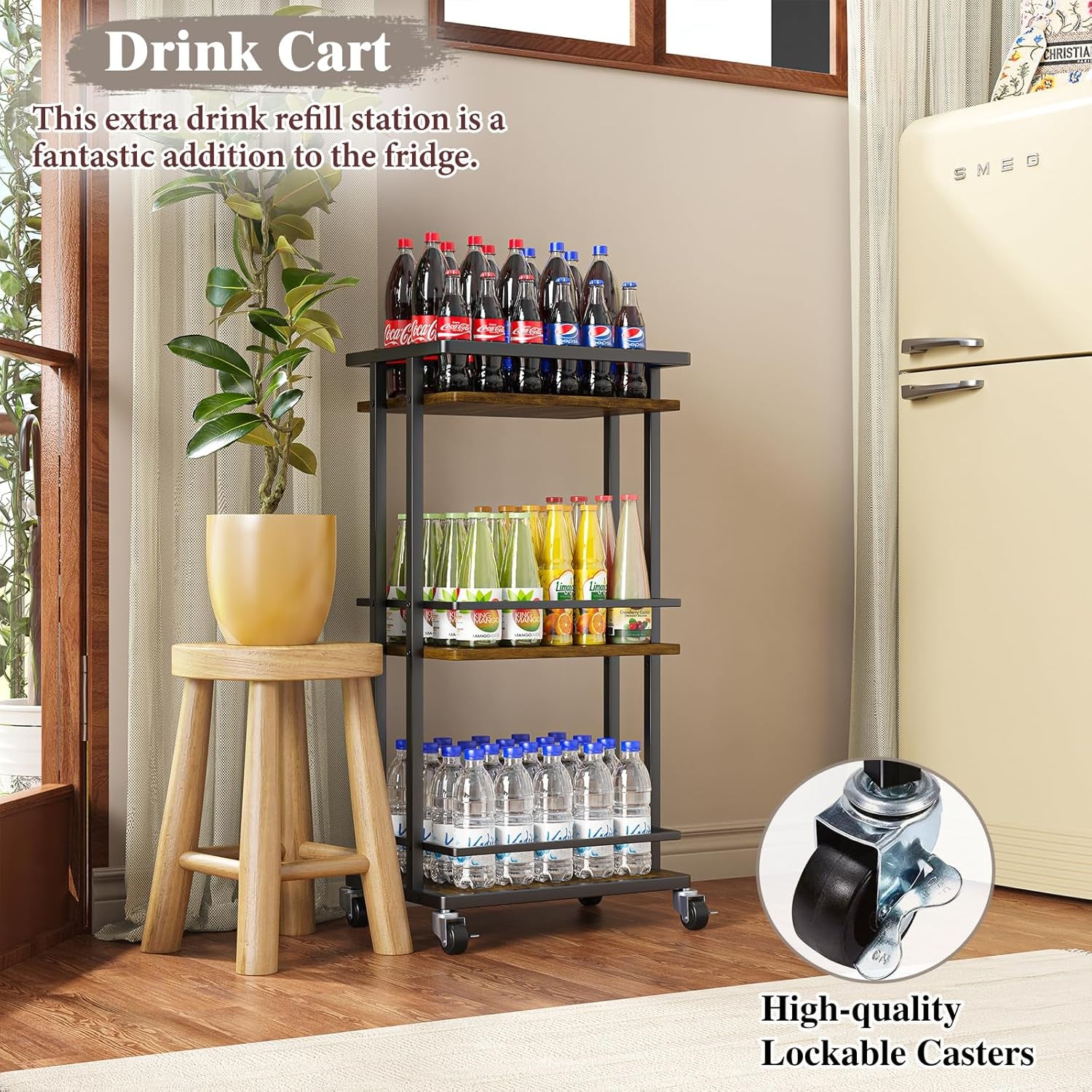 3 Tier Bar Cart for Home, Rolling Mini Liquor Bar for Wine Beverage Dinner Party, Utility Kitchen Storage Island Serving Cart on Wheels, Coffee Bar Cabinet for Kitchen Dining Living Room, Brown