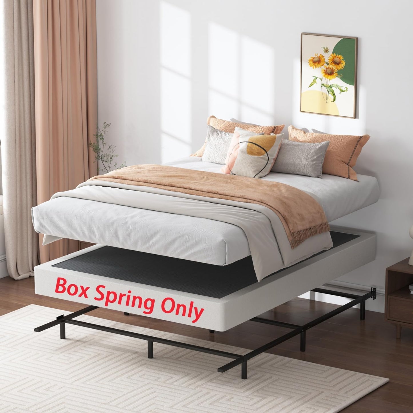 Queen Box Spring 7 Inch Low Profile Box Spring Queen Size Bed Base, 3000 Lbs Black Heavy Duty Metal Mattress Foundation with Easy Clean Fabric Cover,Easy Assembly