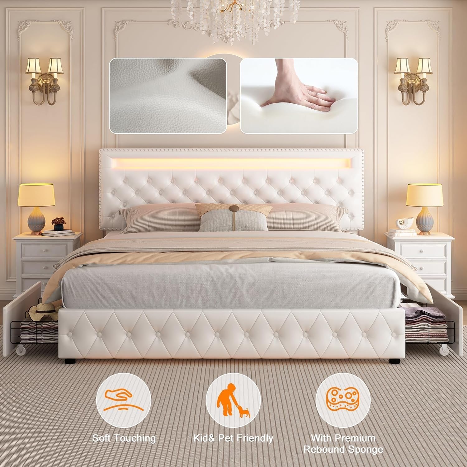 GEGOFORU Queen LED Bed Frame with 4 Storage Drawers, Adjustable LED Headboard, Remote & App Control Lights, Plush Upholstered Platform with Silver Nailhead Trim, No Box Spring Needed - White