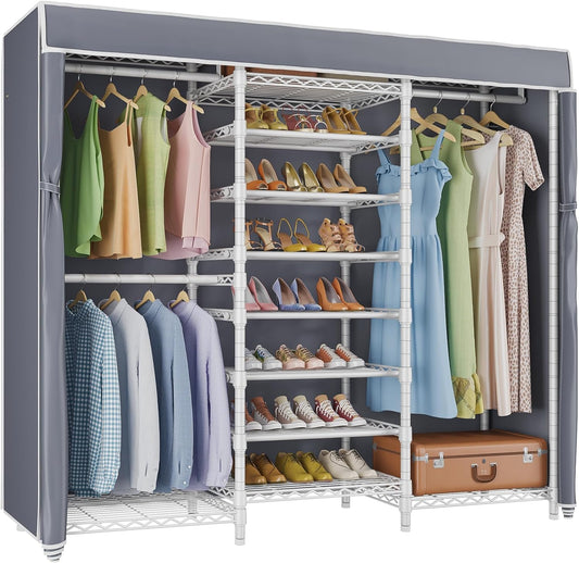 S3C Heavy Duty Portable Closet, Adjustable Shoe Rack Wire Shelf, Large Wardrobe Organizer for Bedroom Storage, Freestanding Clothes Rack with Hanging Rod, Custom White Rack with Grey Cover