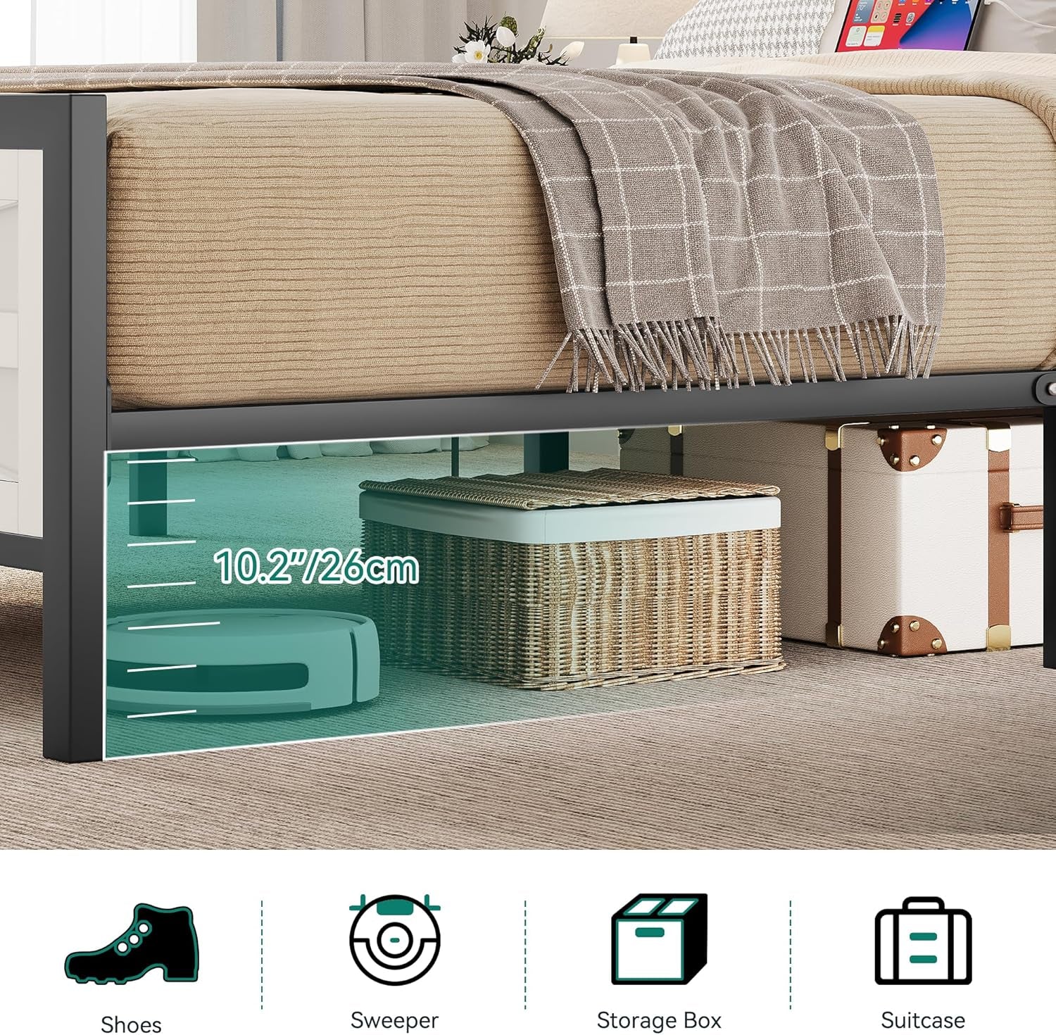 Farmhouse Queen Bed Frame with LED Lights and Charging Station, Platform Bed Frame with Storage Bookcase Headboard, Sliding Barn Door, Solid Metal Slats, No Box Spring Needed (White)