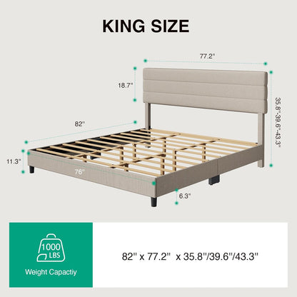 King Bed Frame and Headboard, King Bed Frame, Linen Upholstered Stripe Bed Frames, No Box Spring Needed, Heavy Duty Feet, Easy Assembly, Beige