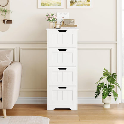 Bathroom Storage Cabinet, Bathroom Cabinet with 4 Drawers, 11.8” X 11.8” X 32.5” Freestanding Entryway Cupboard Storage Organizer Unit Home Furniture Decor, White