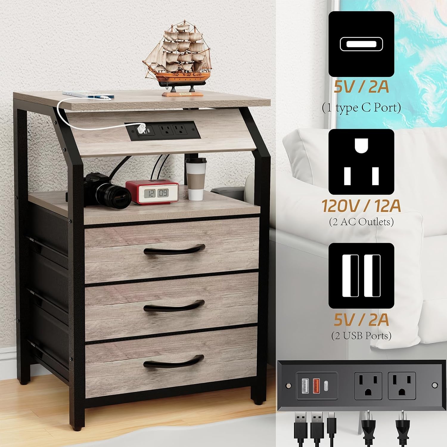 Night Stand Set of 2, Nightstands with Charger Station and LED Lights, End Tables Set with 3 Fabric Drawers, Storage Side Tables for Bedside, Living Room, Greige