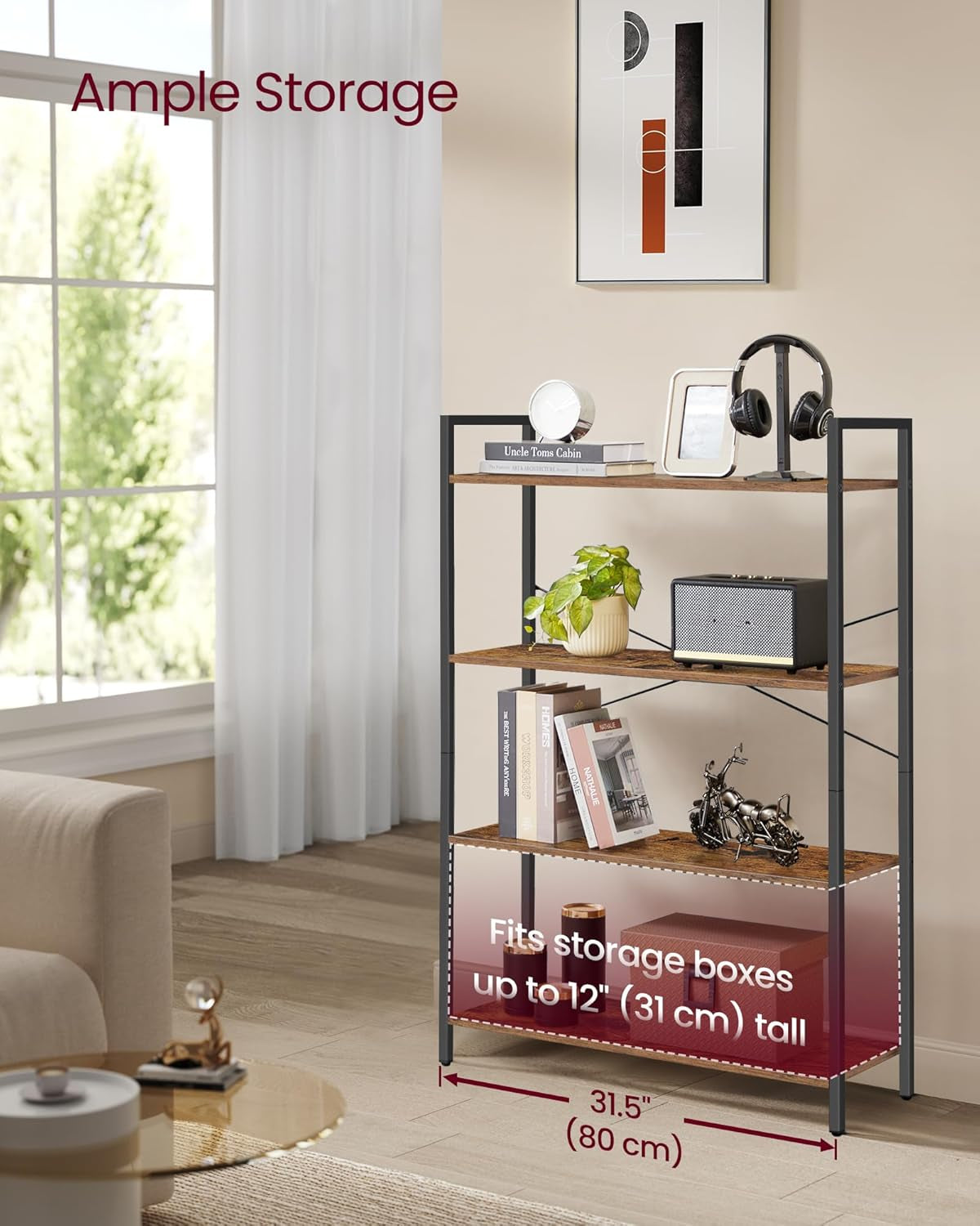 3-Tier Bookshelf, Bookcase with Steel Frame, Book Shelf for Living Room, Home Office, Study, 9.4 X 15.7 X 30.1 Inches, Industrial Style, Rustic Brown and Ink Black ULLS098K02
