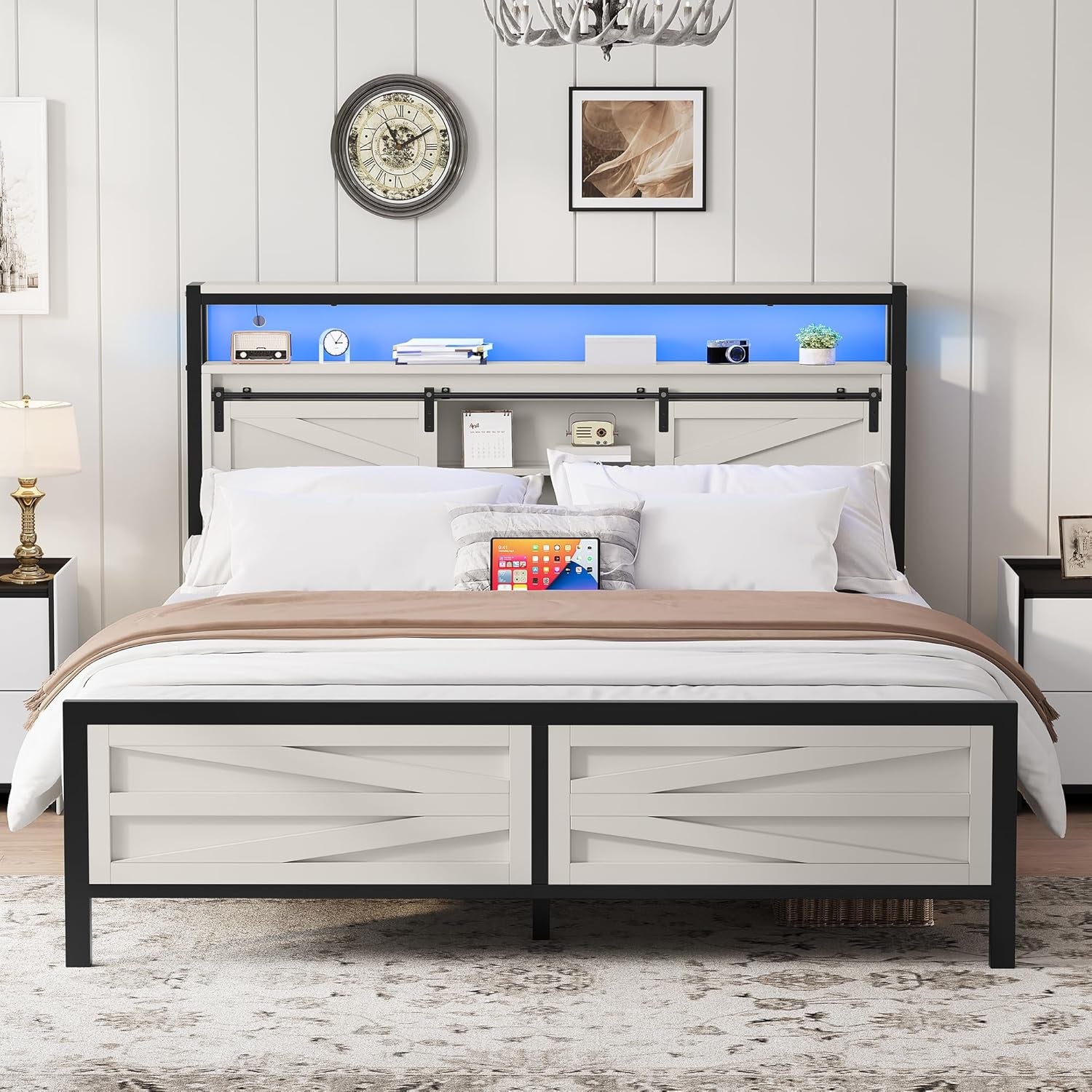 Farmhouse Queen Bed Frame with LED Lights and Charging Station, Platform Bed Frame with Storage Bookcase Headboard, Sliding Barn Door, Solid Metal Slats, No Box Spring Needed (White)