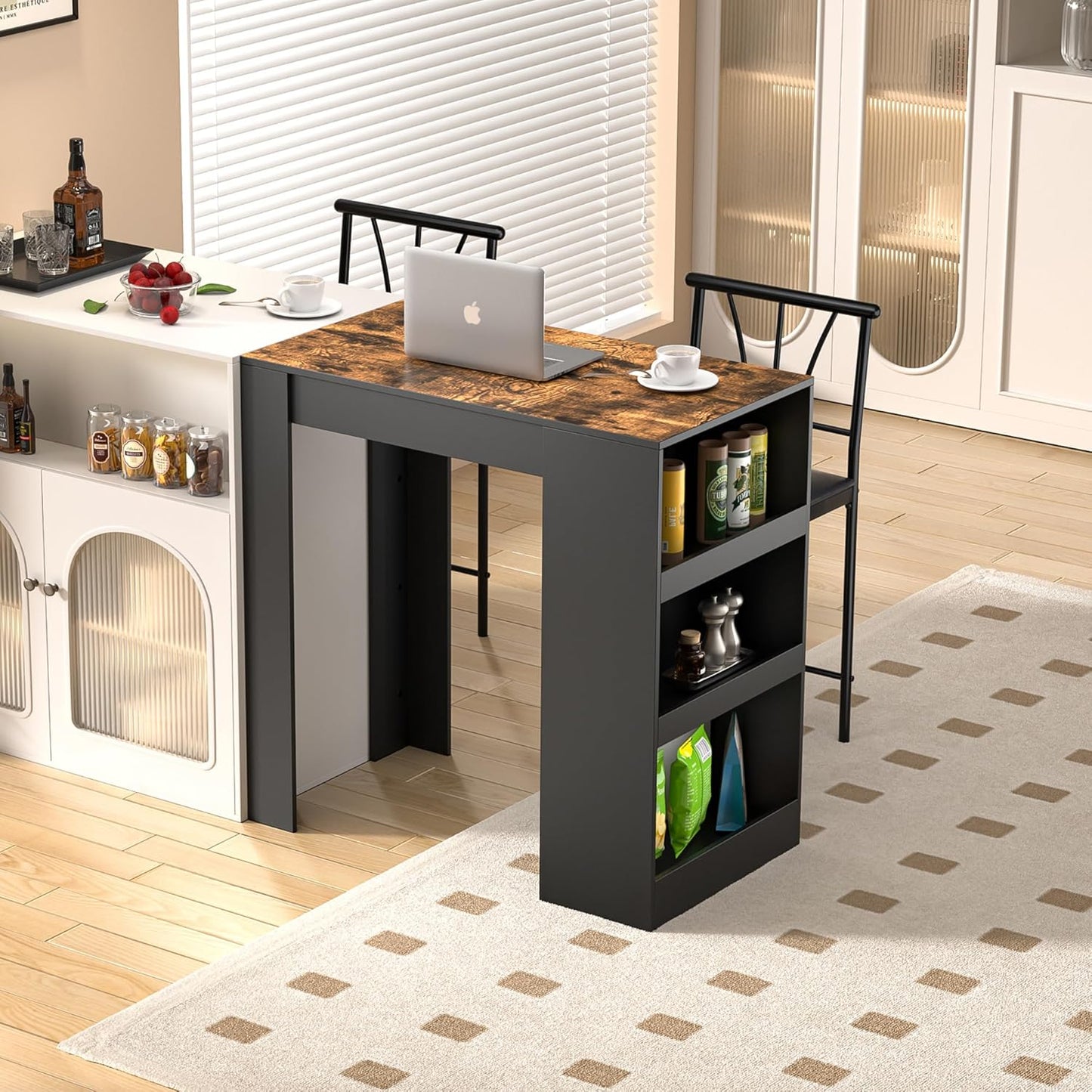 Small Bar Table and Chairs Tall Kitchen Breakfast Nook with Stools/Dining Set for 2, Storage Shelves, Space-Saving, Retro
