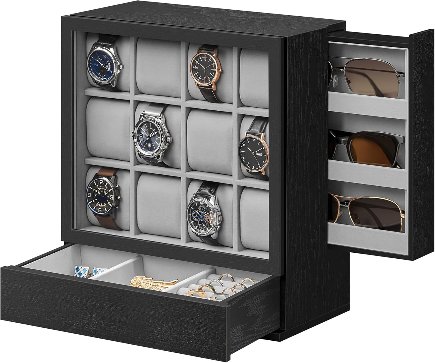 12-Slot Watch Box, Watch Display Case with Window, Solid Wood Veneer, Velvet Lining, Vertical Storage, Space Saving, Gift Idea, Ebony Black UJOW014B01