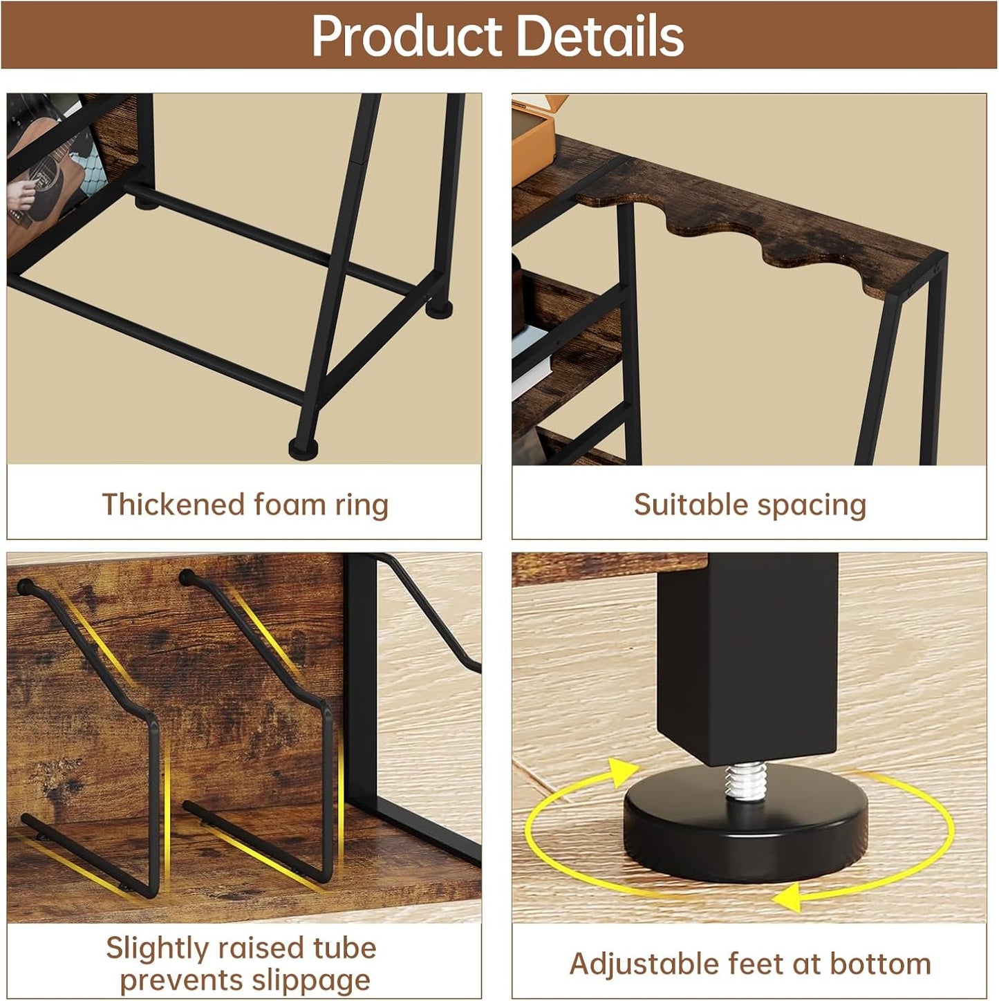 Record Player Stand, 3 Tier Guitar Stand for Acoustic, Electric Guitar, Bass Stand, Vinyl Record Storage up to 200 Albums, Brown Records Shelf for Living Room Bedroom (Rustic Brown)