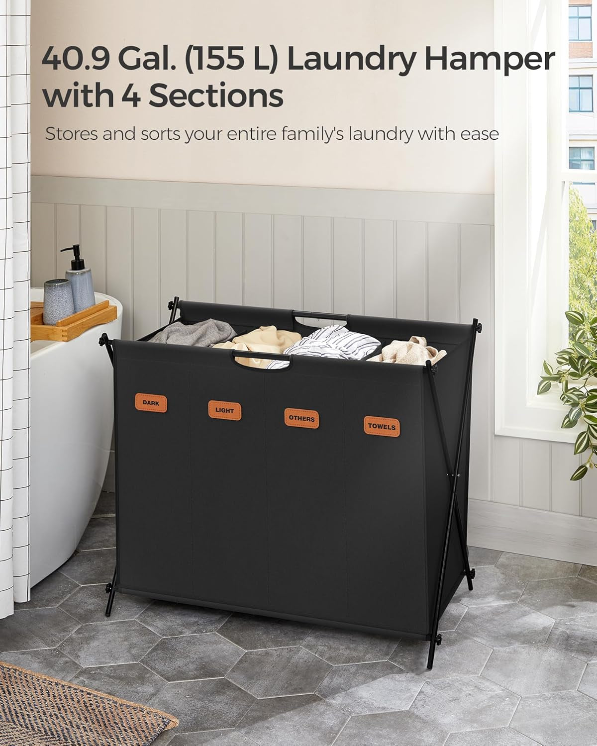 Laundry Hamper, Laundry Basket, 40.9 Gal. Laundry Sorter 4 Sections, Collapsible X-Frame, Clothes Organizer with Customizable Labels, Laundry Room, Bedroom, Bathroom, Ink Black ULCB140B01