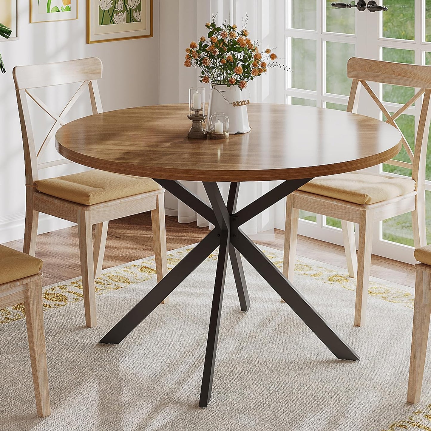 47.2 Inch round Dining Table for 4, Farmhouse Wood Kitchen Table, round Dinner Table for Kitchen & Dining Room, Walnut