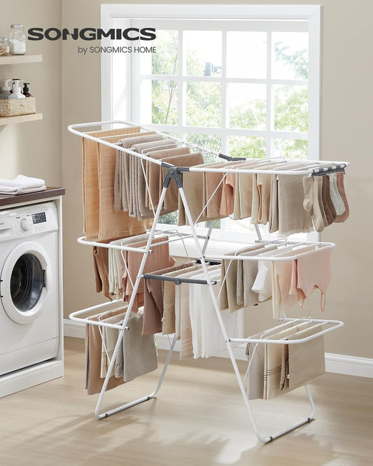 Clothes Drying Rack, Foldable 3-Level Laundry Rack, Free-Standing Large Drying Rack, with Height-Adjustable Wings, 39 Drying Rails, Sock Clips, White and Gray ULLR054W01