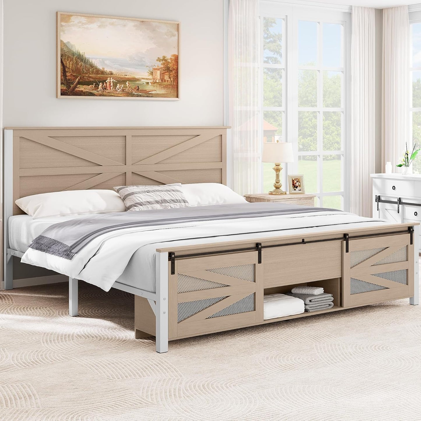 King Size Farmhouse Bed Frame with Sliding Barn Door Storage Cabinets, Platform Bed Frames with 47.2" Headboard, Solid Metal Slats Support, Noiseless, No Box Spring Needed, Oak