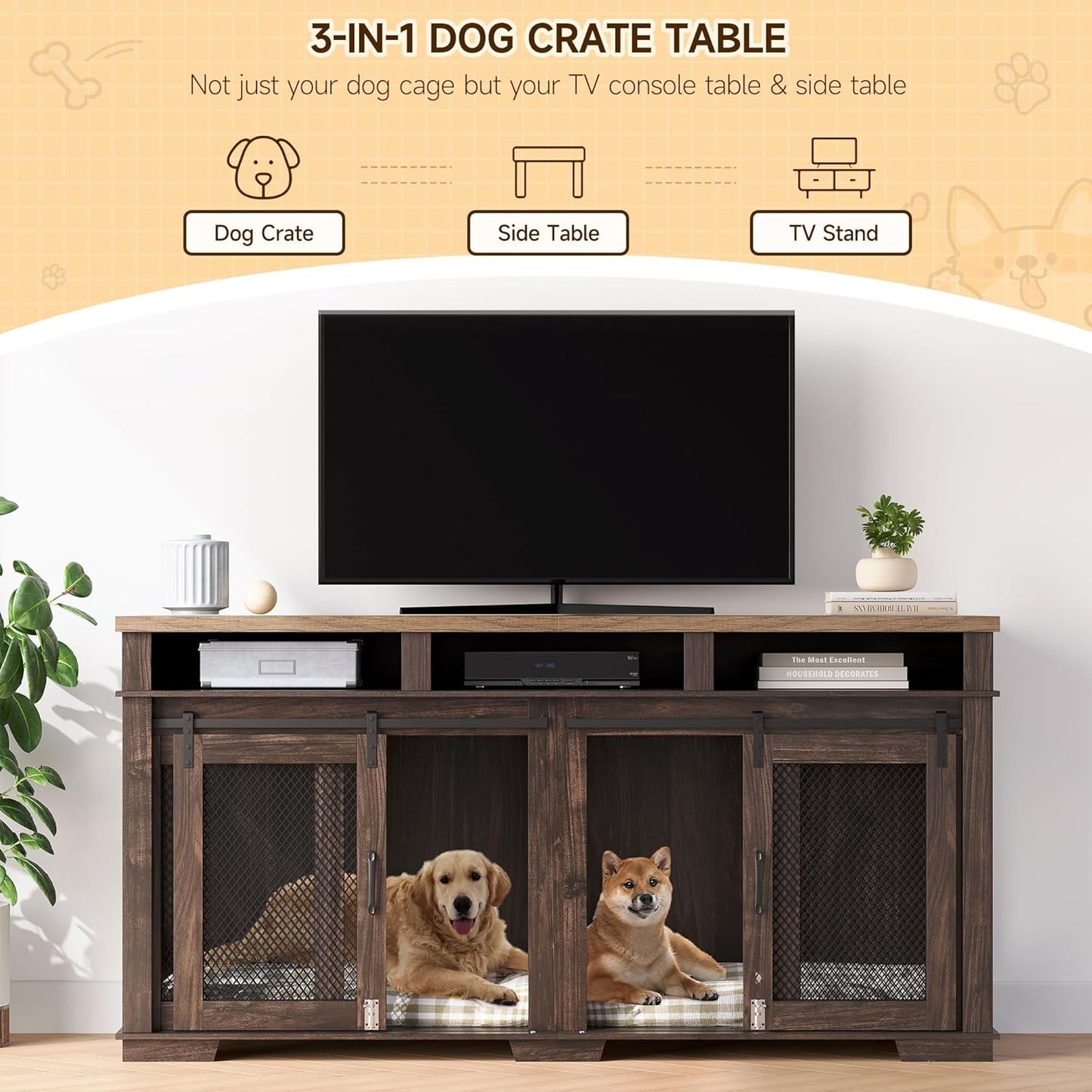 71" Dog Crate Furniture, Furniture Style Double Dog Crate Table Indoor TV Stand, Double Dog Kennel Furniture with 3 Storages and Removable Divider for Large Medium Dogs, Dark Walnut/Light Oak
