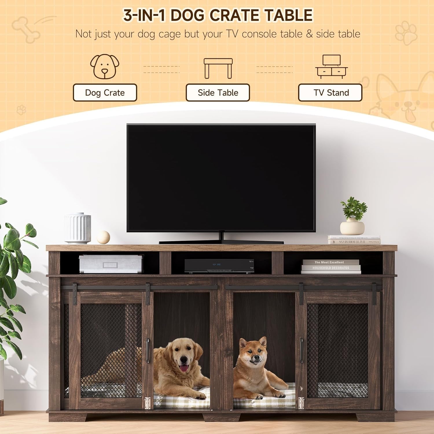 71" Dog Crate Furniture, Furniture Style Double Dog Crate Table Indoor TV Stand, Double Dog Kennel Furniture with 3 Storages and Removable Divider for Large Medium Dogs, Dark Walnut/Light Oak