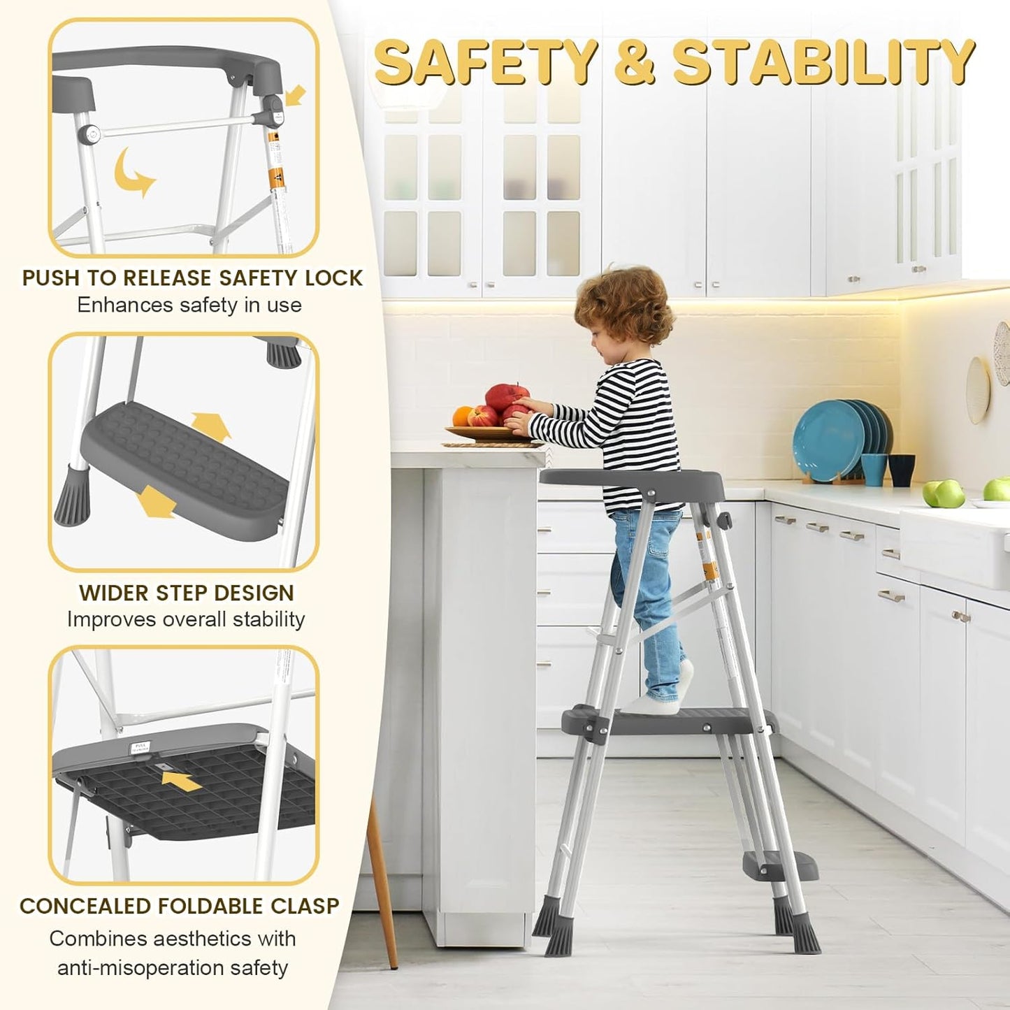Kids 2 Steps Step Stool, Toddler Tower for Kitchen Counter Learning, Toddler Kitchen Stool Helper with Anti-Drop Safty Railing Kids Standing Folding Stepper