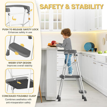 Kids 2 Steps Step Stool, Toddler Tower for Kitchen Counter Learning, Toddler Kitchen Stool Helper with Anti-Drop Safty Railing Kids Standing Folding Stepper