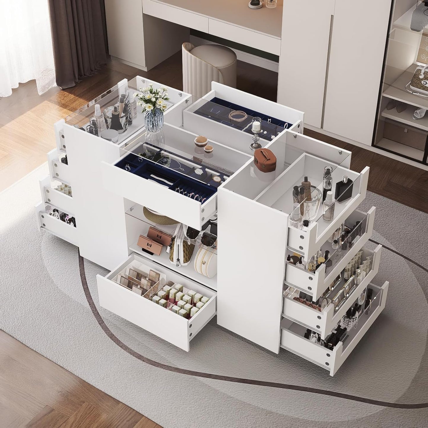 Closet Island with Drawers, Wardrobe Armoire Bedroom Island, Glass Display Shelf & 12 Drawers, White Dresser with Glass Top, Walk-In Closet Island for Bedroom, Cloakroom