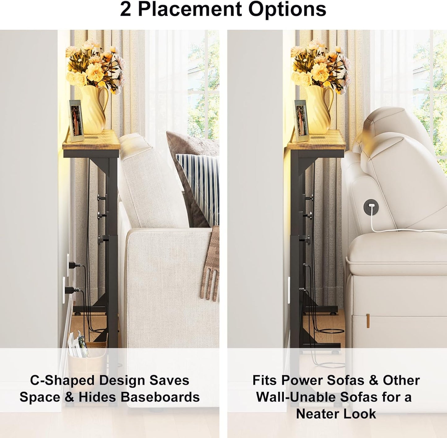 79In behind Couch Table Adjustable Height Sofa Table with Charge Station Narrow Console Table with LED Lights, Rustic Brown