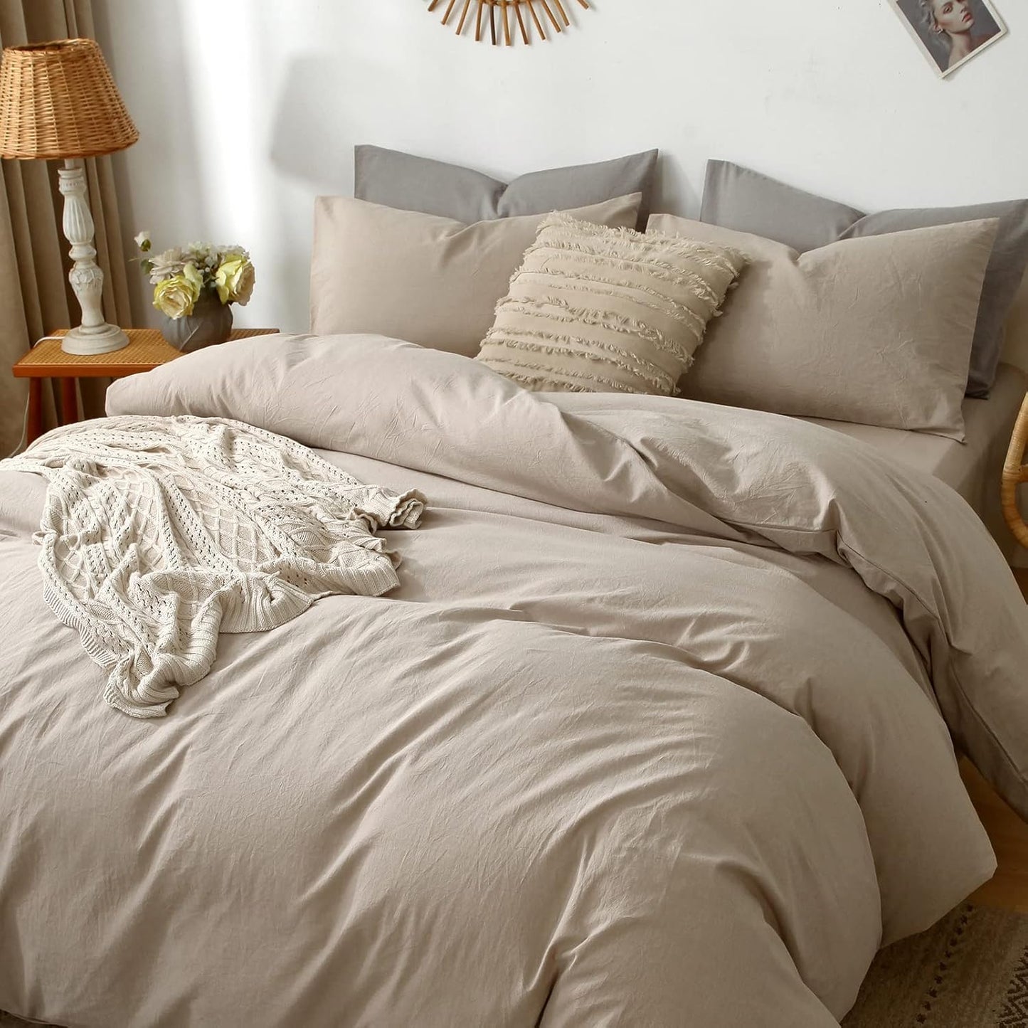 Bedding Pillowcases Pack of 2 100% Washed Cotton Linen like Textured Breathable Durable Soft Comfy (Heathered Taupe, Queen)