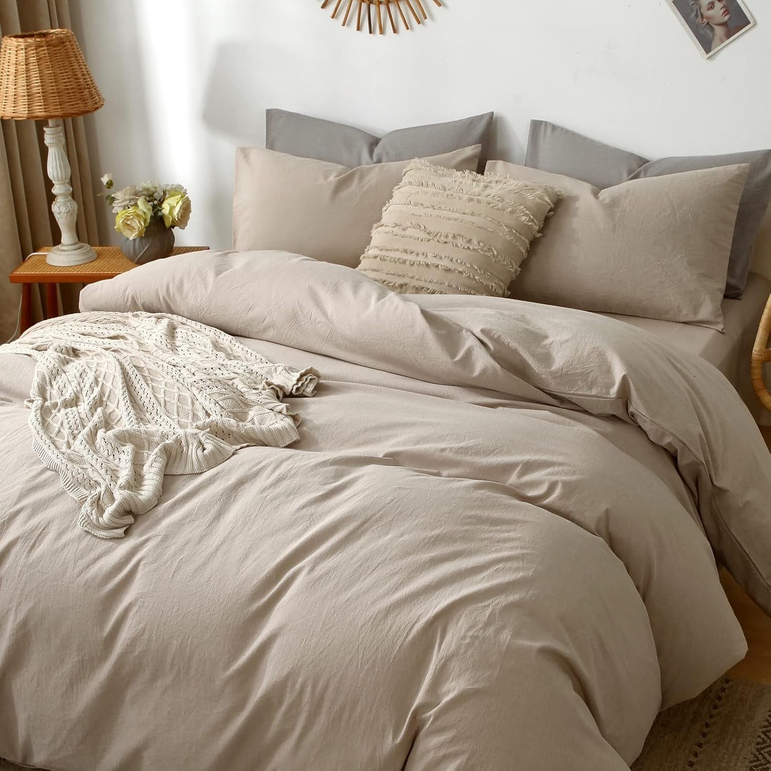 Bedding Pillowcases Pack of 2 100% Washed Cotton Linen like Textured Breathable Durable Soft Comfy (Heathered Taupe, Queen)