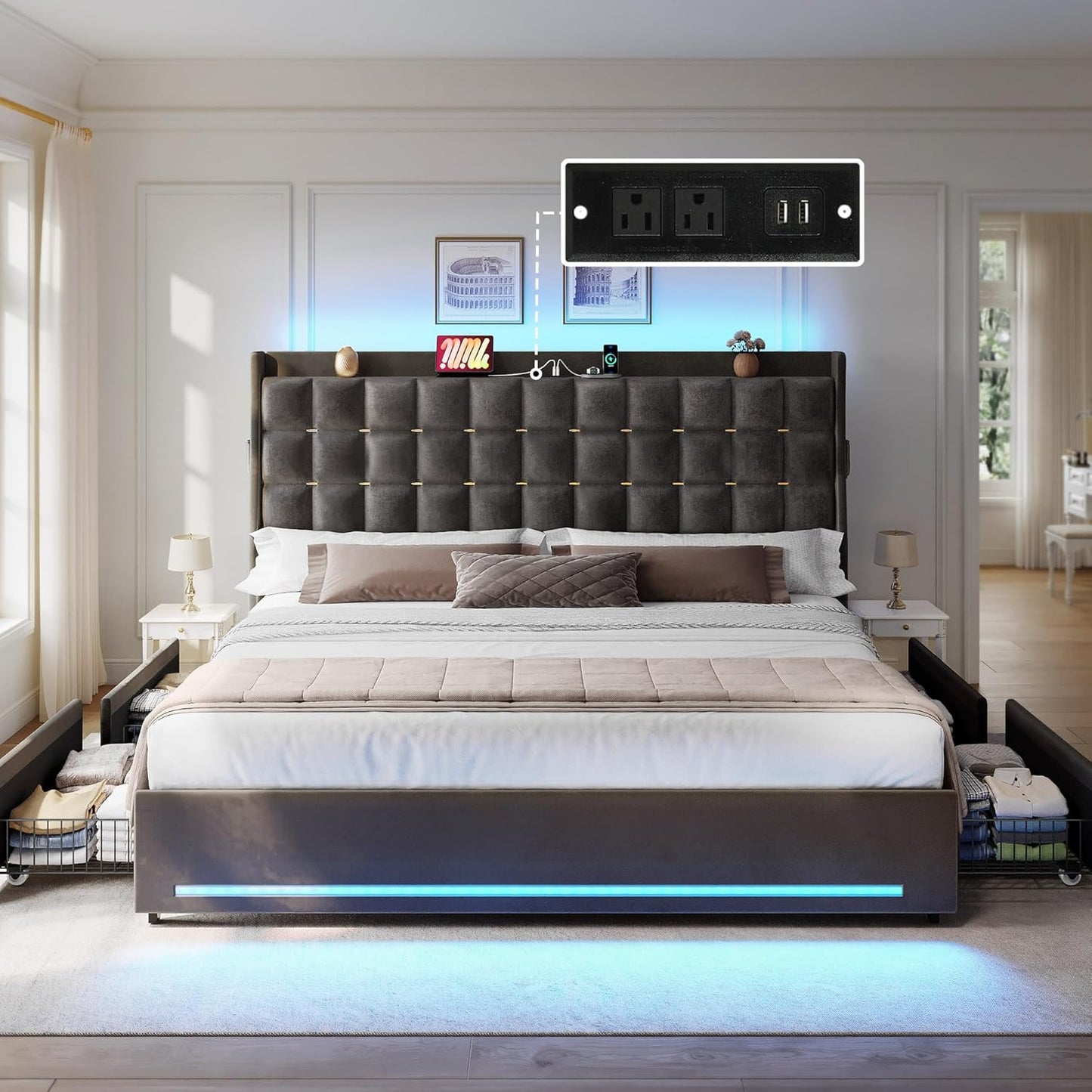 King Size Bed Frame with 4 Drawers and RGB LED Lights, Velvet Upholstered Platform Bed with Charging Station and Storage Headboard, No Box Spring Needed, Easy Assembly, Noise-Free, Grey
