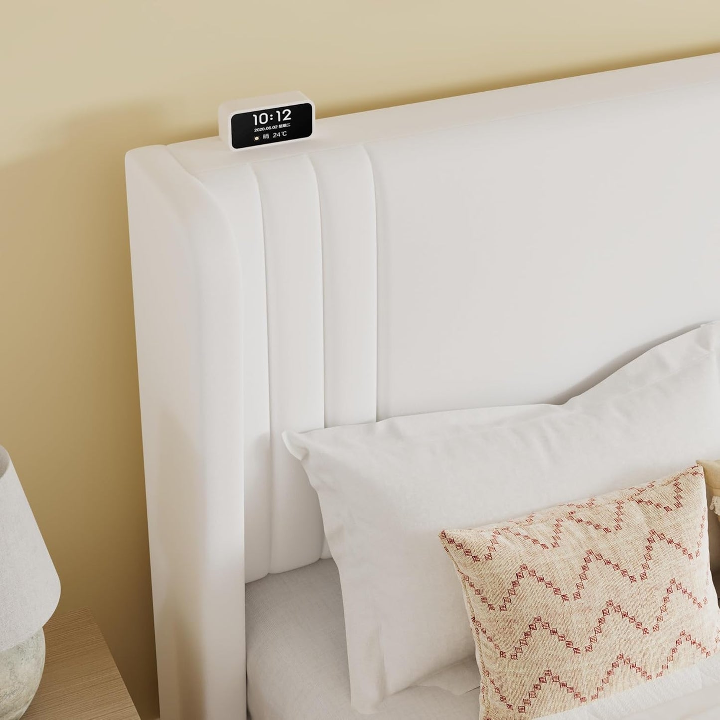 Queen Size Velvet Upholstered Platform Bed Frame with Vertical Channel Tufted Wingback Headboard, Wooden Slats Support, Easy Assembly, under Bed Storage, No Box Spring Required, White