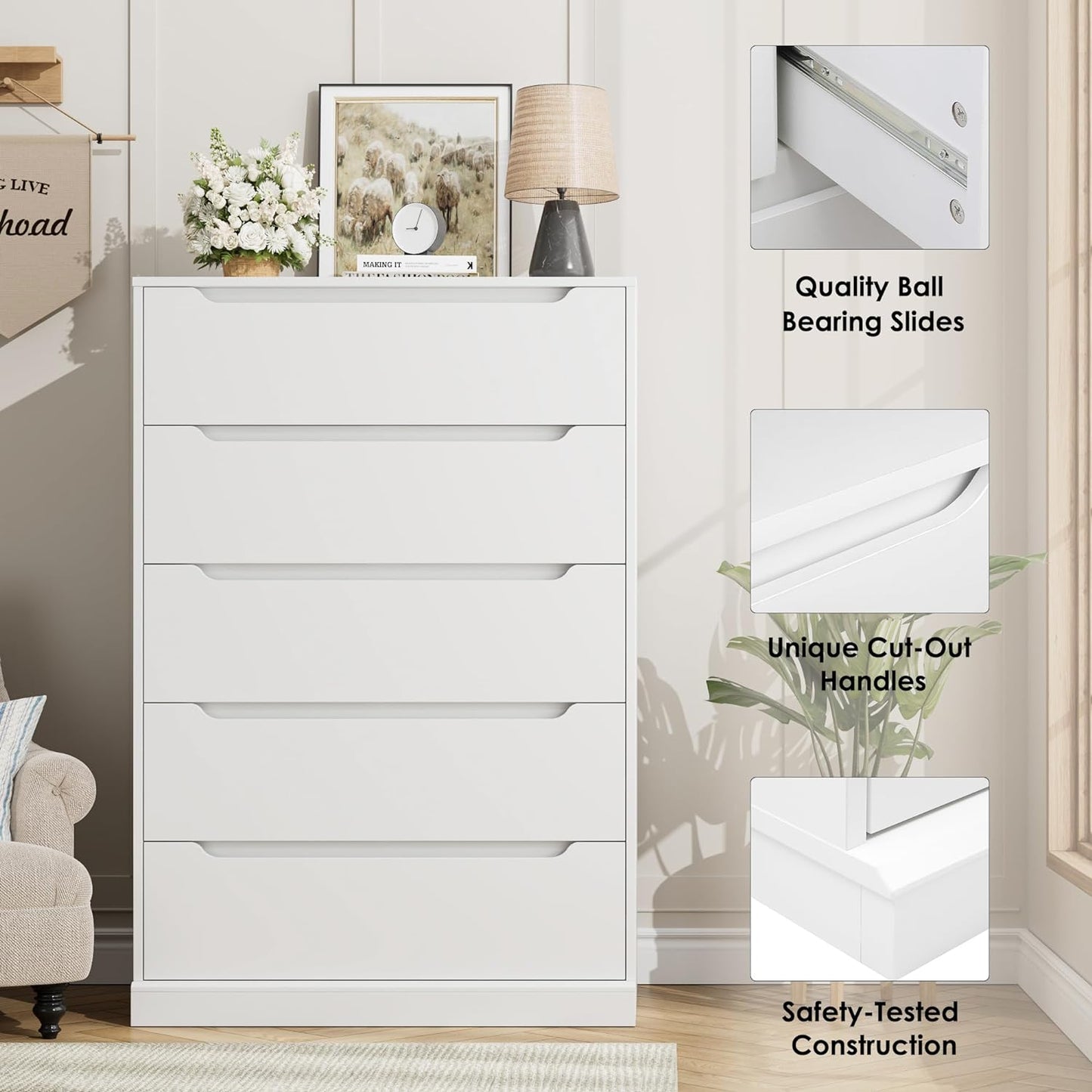 Modern 5 Drawer Dresser for Bedroom, Tall Chest of Drawers with Storage, Large Wood Cloth Storage Organizer with Cut-Out Handle, Accent Storage Cabinet for Living Room, Hallway, Classic White