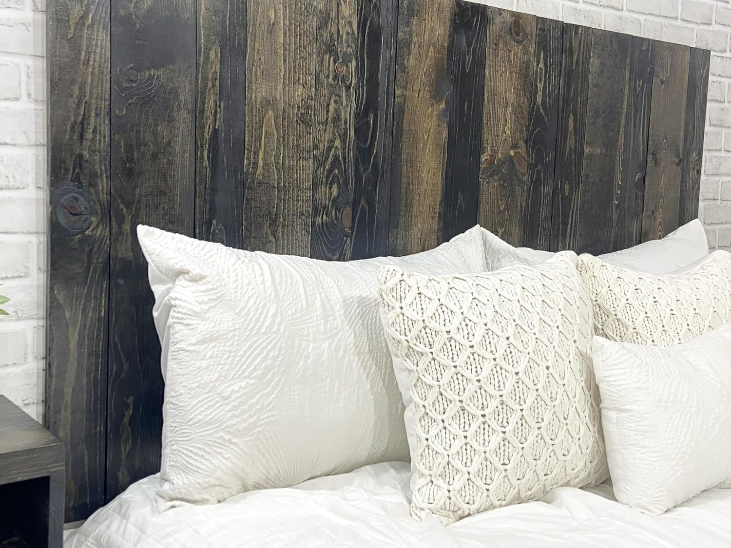 - King Size Headboard, Solid Wood Wall-Mounted Panels, Black Barrel Stain with Natural Wood Grain Variation, Rustic Modern Design, Durable, Fits King & Adjustable Beds, Bed Headboards