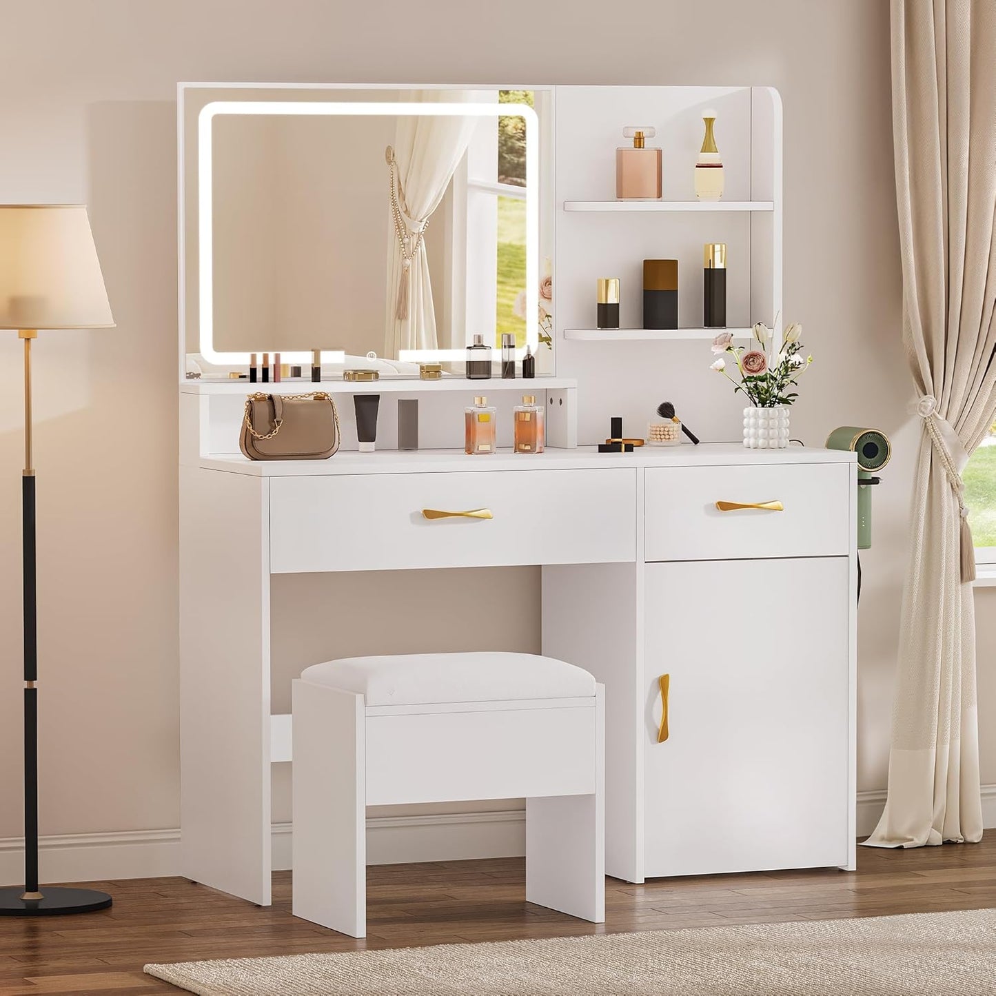 Vanity Desk with LED Lighted Mirror, Makeup Vanity Set with Power Strip, Drawers, Cabinet, Shelves, and Stool, Stylish White Vanity for Dressing Room