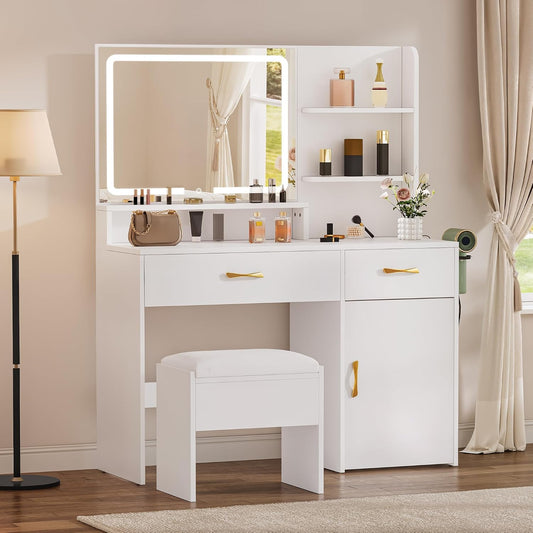Vanity Desk with LED Lighted Mirror, Makeup Vanity Set with Power Strip, Drawers, Cabinet, Shelves, and Stool, Stylish White Vanity for Dressing Room