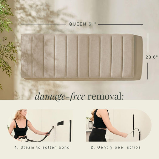 Upholstered Queen Headboard - Easy Assemble Channel Stitched Headboard Queen Size - Wall Mounted Headboards with 3D Soundproof Wall Panels Peel & Stick Floating Headboards, Beige